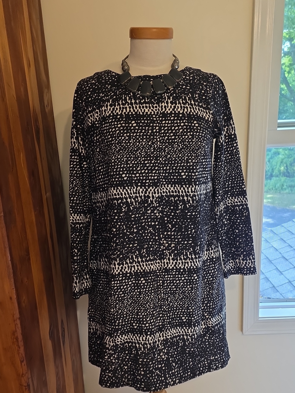 Marimekko Cotton Button Back Bk/Whit Side Pocket Abstract Midi Sz 36 Super Comfy